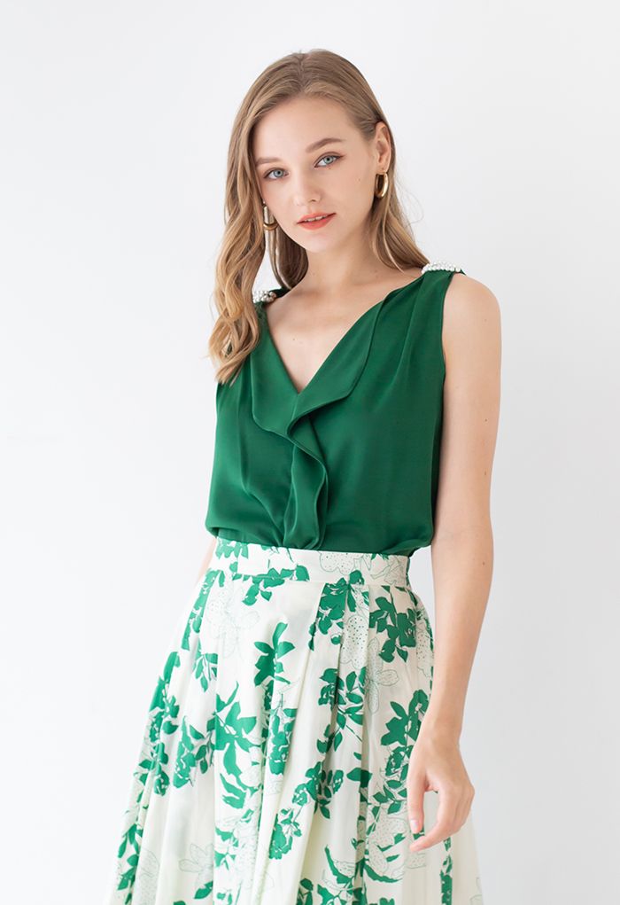 Pearl Decorated Ruffle Neck Sleeveless Top in Emerald - Retro, Indie ...