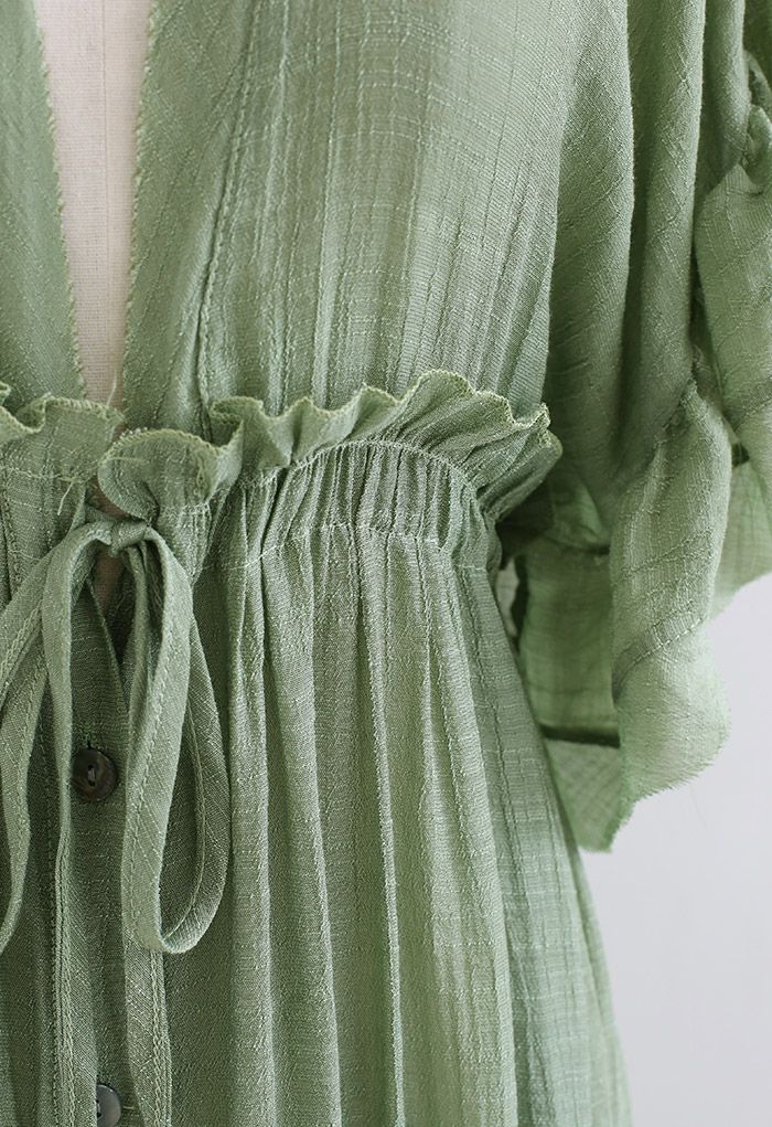 Ruffle Sleeves Deep V-Neck Cover Up in Pea Green - Retro, Indie and ...