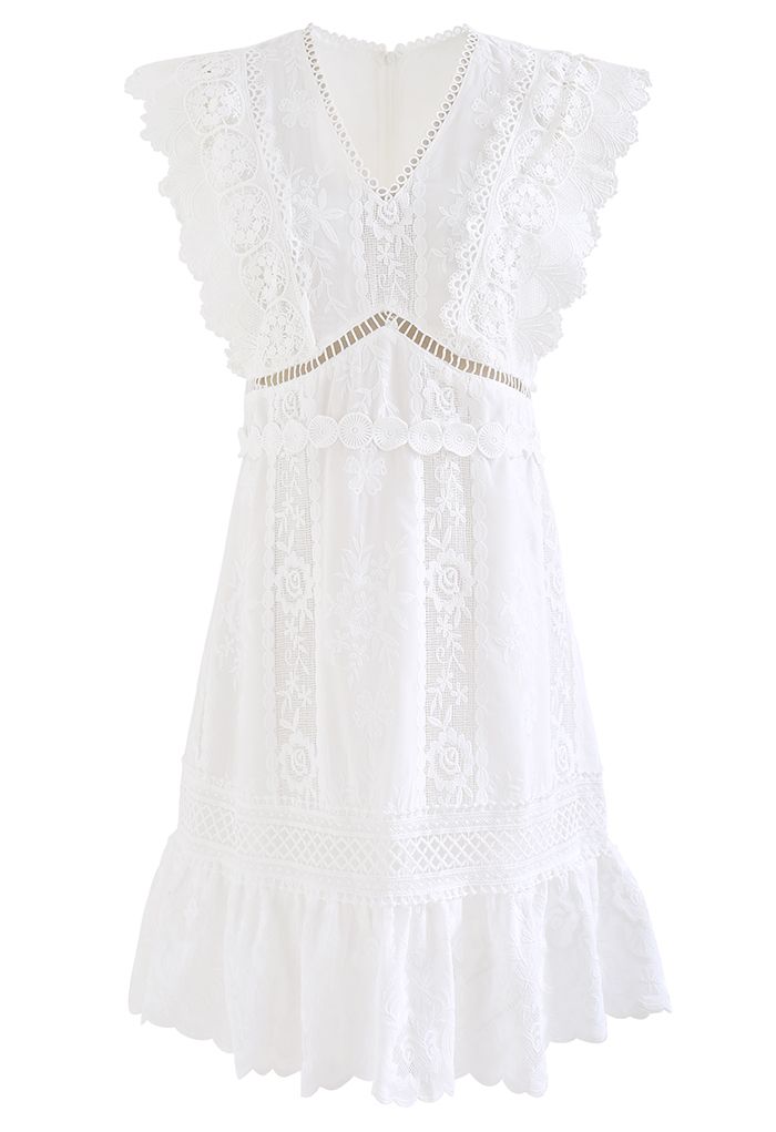 Refined Cutwork Embroidery Sleeveless Dress in White