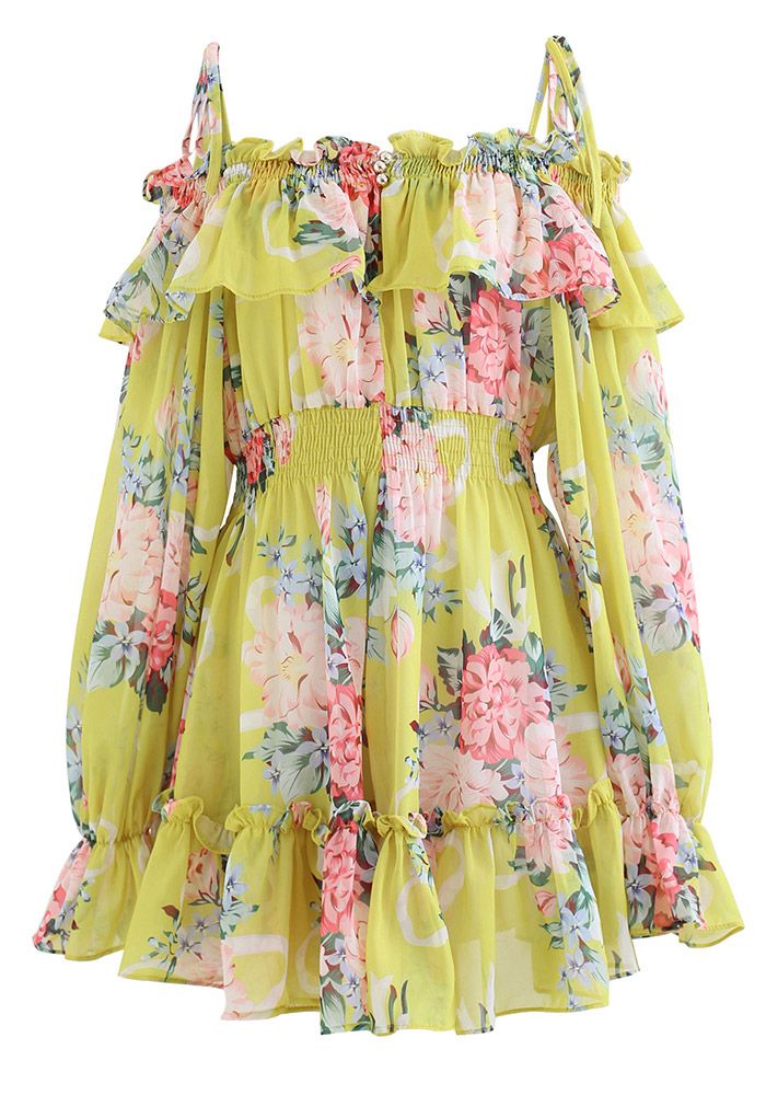 Flowery Ruffle Cold-Shoulder Chiffon Playsuit in Yellow - Retro, Indie ...