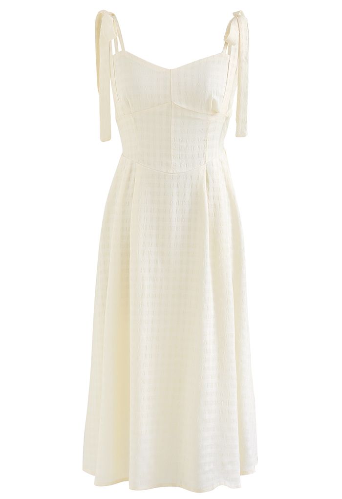 Double Straps Embossed Gingham Midi Dress in Light Yellow