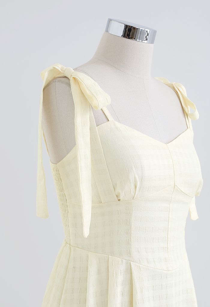 Double Straps Embossed Gingham Midi Dress in Light Yellow