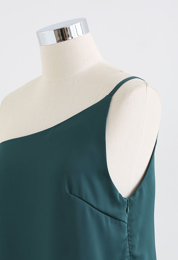 Stylish One-Shoulder Satin Cami Top in Dark Green - Retro, Indie and ...