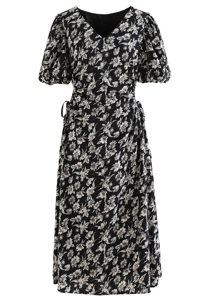 Drawstring Cutout Waist Floral Midi Dress in Black - Retro, Indie and ...