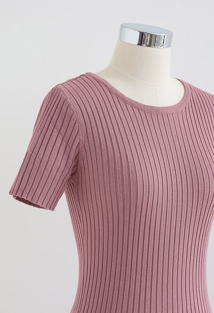 Crew Neck Short Sleeve Bodycon Knit Dress in Pink