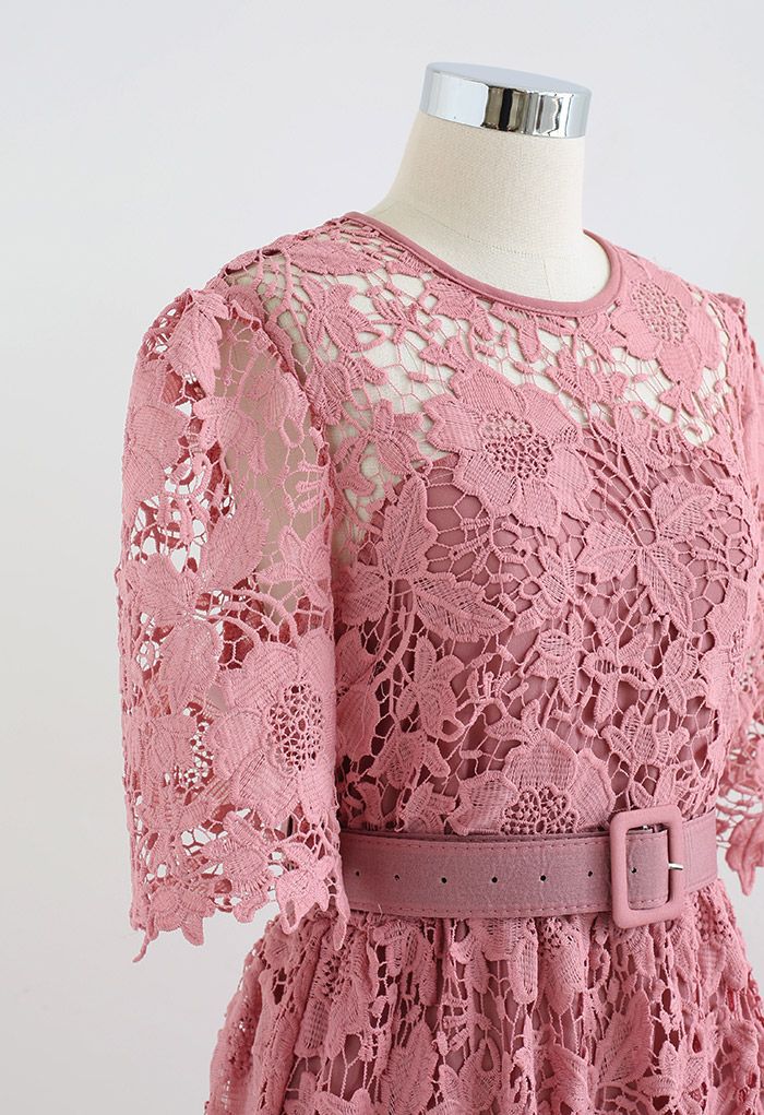 Princess Chic Floral Crochet Belted Dress in Pink