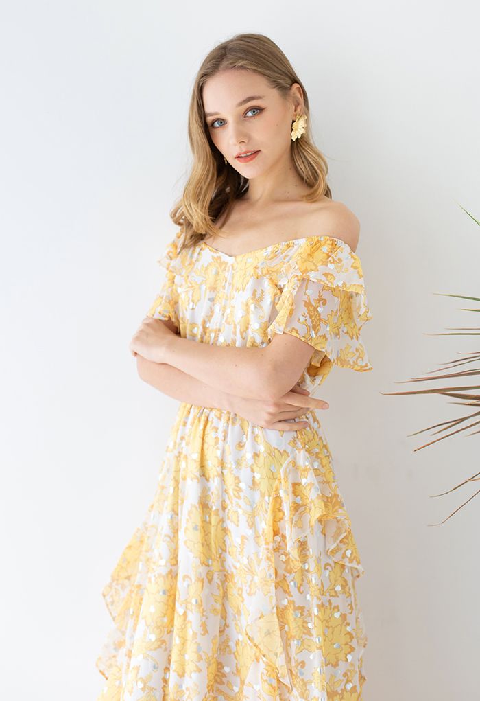 Silver Heart Off-Shoulder Ruffle Floral Maxi Dress in Yellow - Retro ...