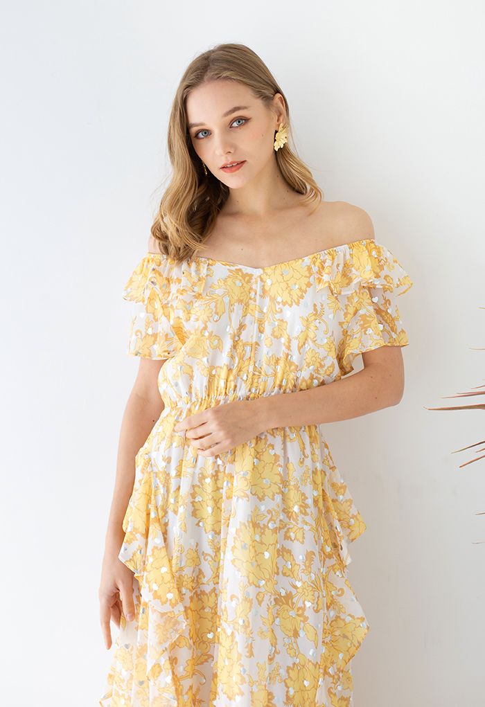 Silver Heart Off-Shoulder Ruffle Floral Maxi Dress in Yellow - Retro ...