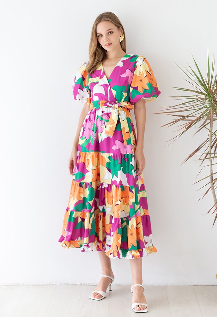 Leaf Palette Puff Sleeve Wrapped Maxi Dress