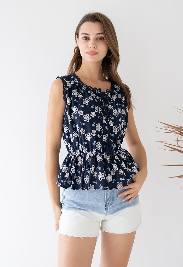 Flower Embroidery Sleeveless Peplum Top in Navy - Retro, Indie and ...