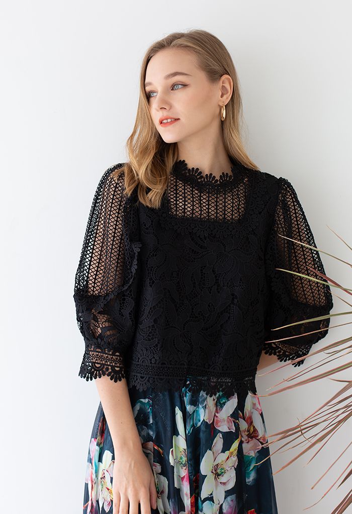 Crochet Blossom Puff Sleeve Top in Black - Retro, Indie and Unique Fashion