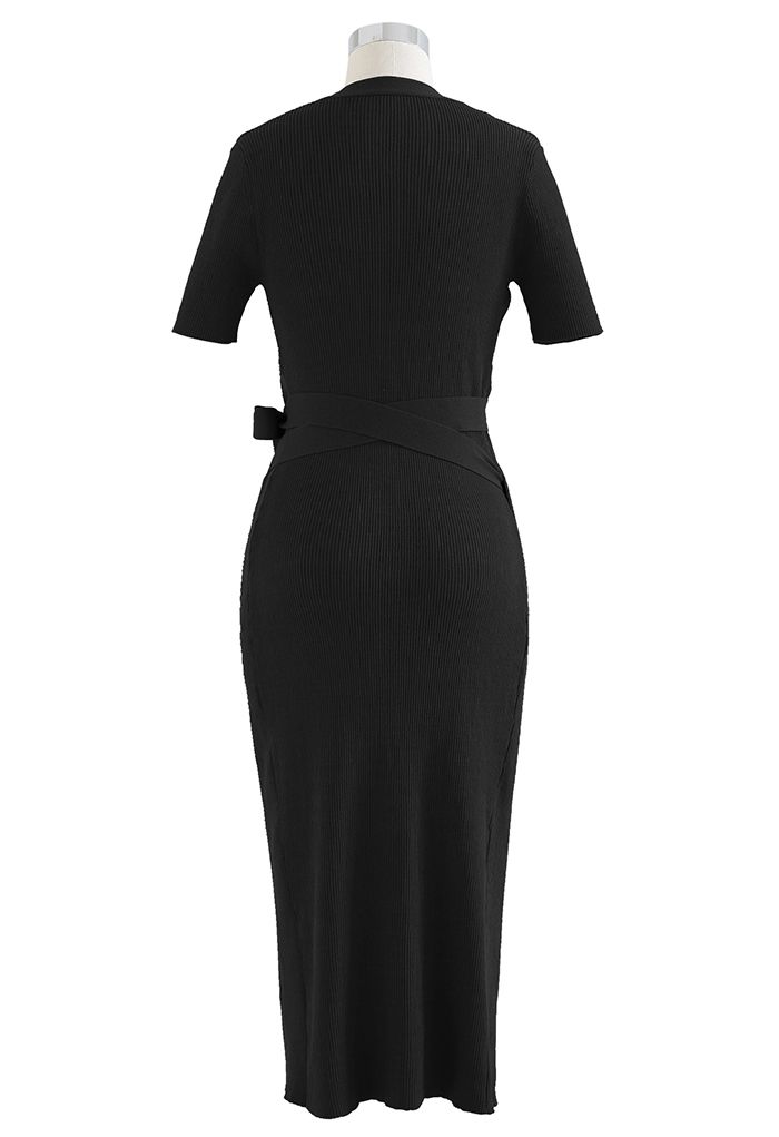 Self-Tie Bowknot Bodycon Knit Wrap Dress in Black - Retro, Indie and ...