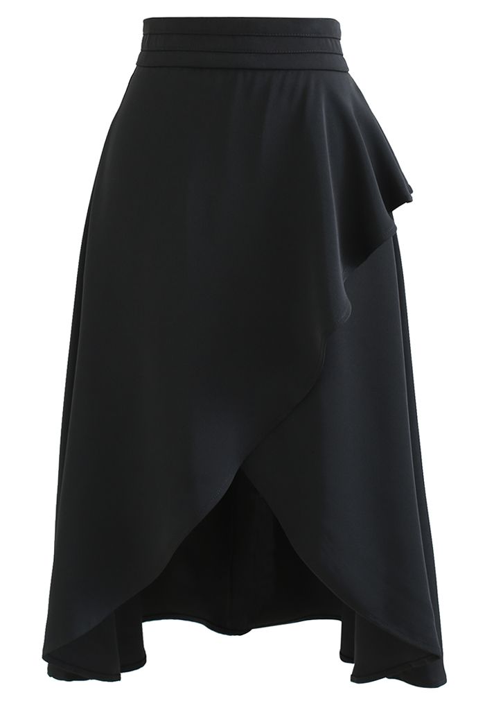 High Waist Flap Front Midi Skirt in Black