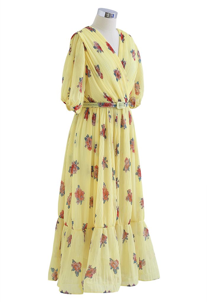 Floral Printed Airy Pleated Faux-Wrap Dress in Yellow