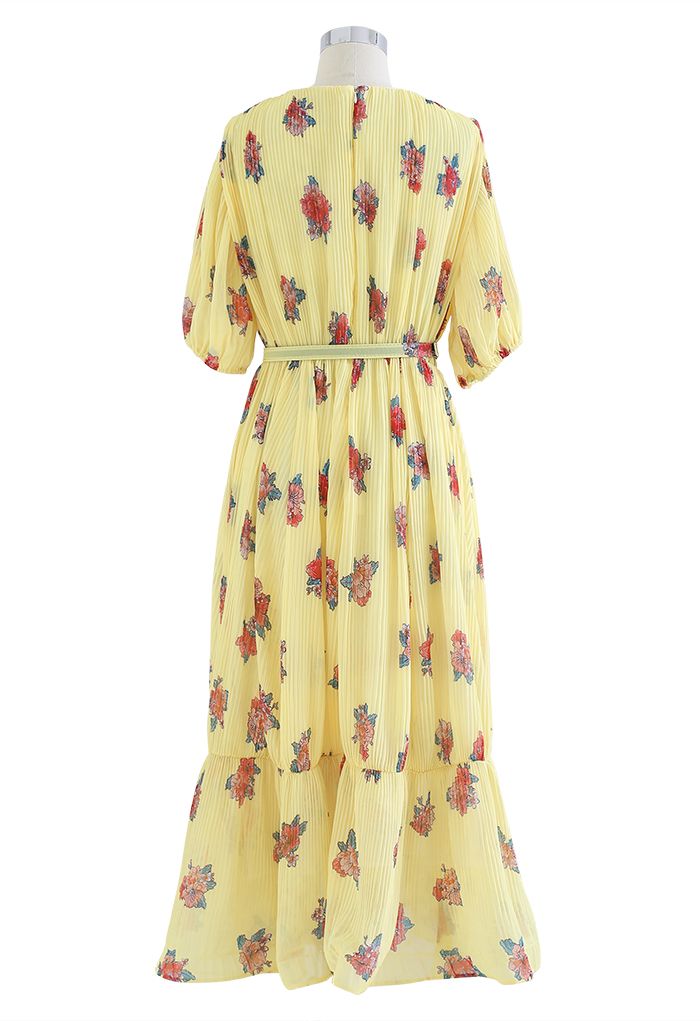 Floral Printed Airy Pleated Faux-Wrap Dress in Yellow