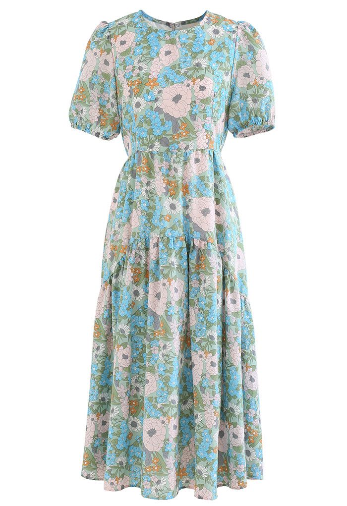 Embrace Sunshine Floral Midi Dolly Dress in Teal - Retro, Indie and ...