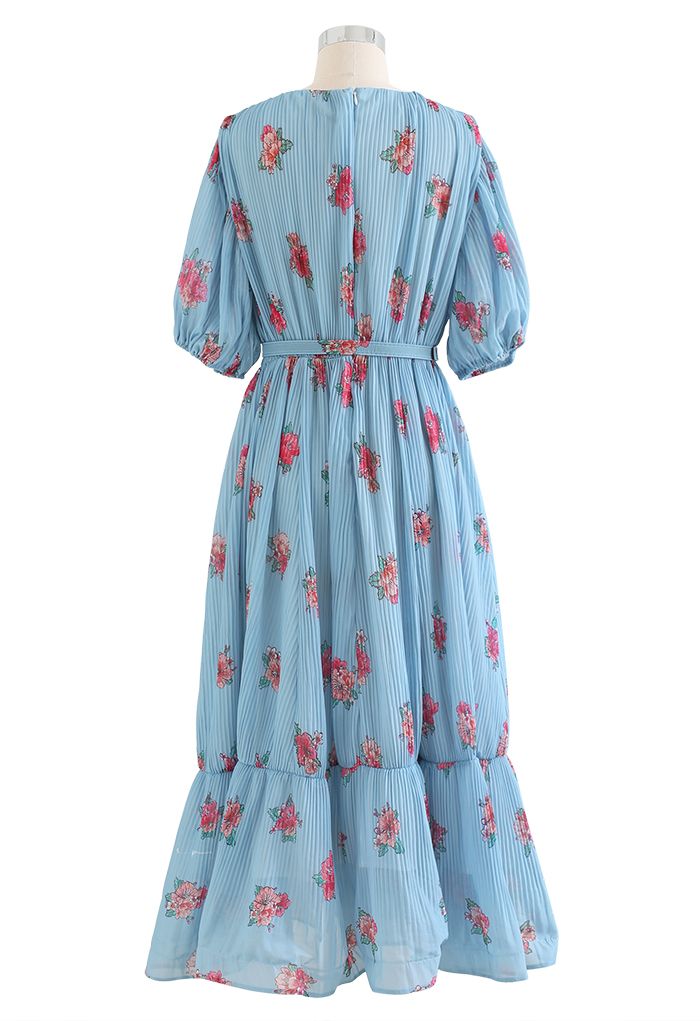 Floral Printed Airy Pleated Faux-Wrap Dress in Blue