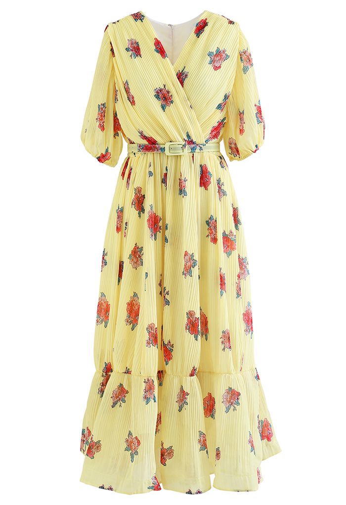 Floral Printed Airy Pleated Faux-Wrap Dress in Yellow