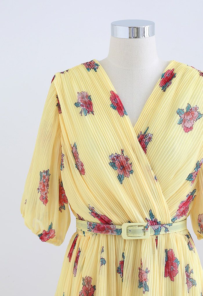 Floral Printed Airy Pleated Faux-Wrap Dress in Yellow