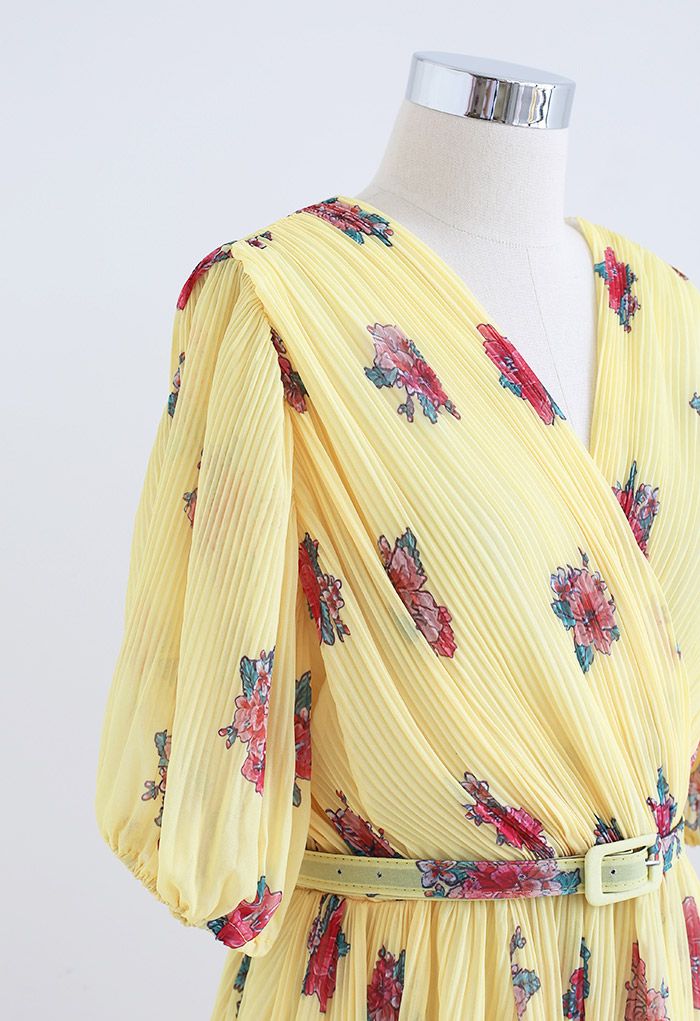 Floral Printed Airy Pleated Faux-Wrap Dress in Yellow