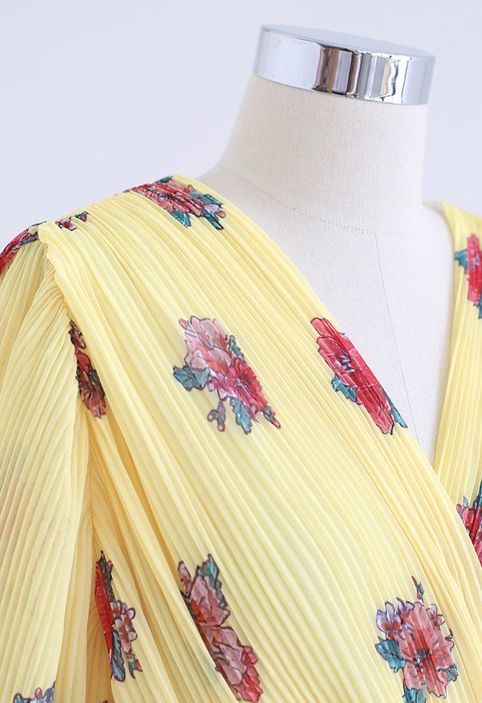 Floral Printed Airy Pleated Faux-Wrap Dress in Yellow