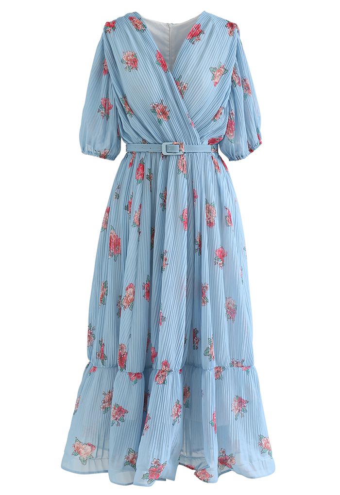 Floral Printed Airy Pleated Faux-Wrap Dress in Blue