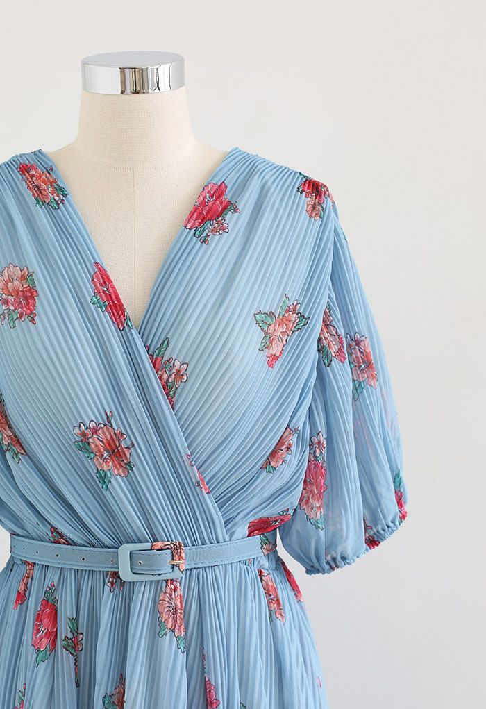 Floral Printed Airy Pleated Faux-Wrap Dress in Blue