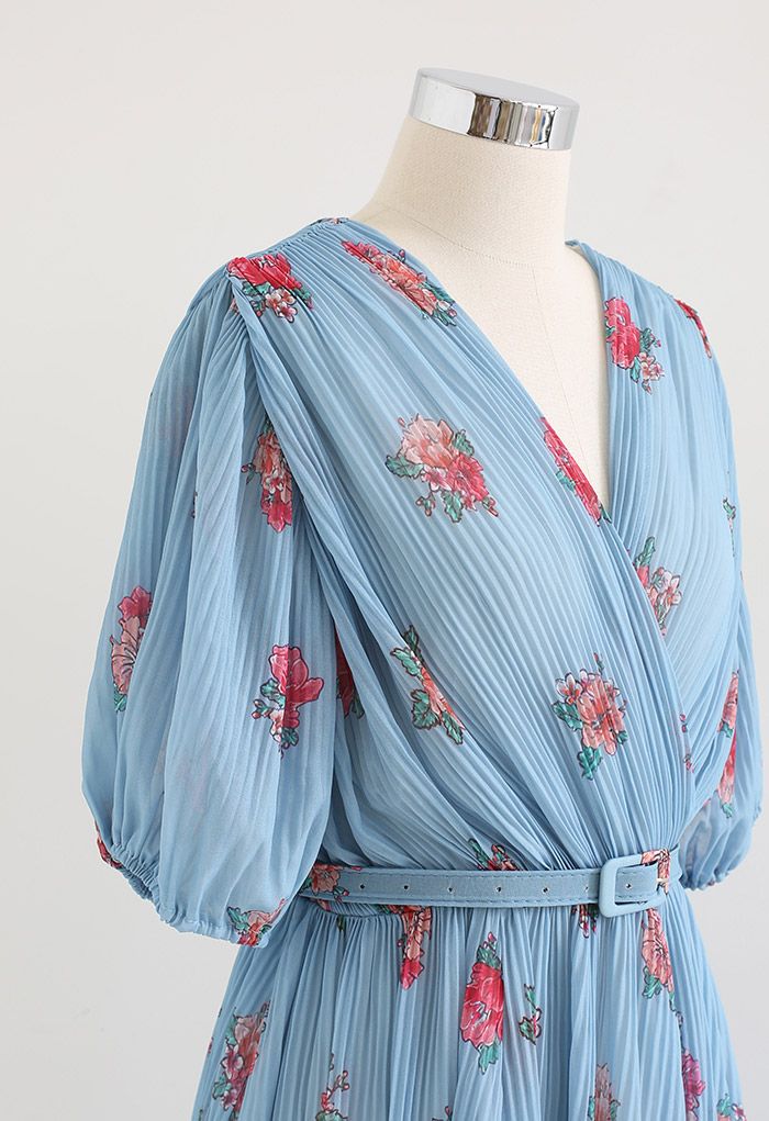 Floral Printed Airy Pleated Faux-Wrap Dress in Blue