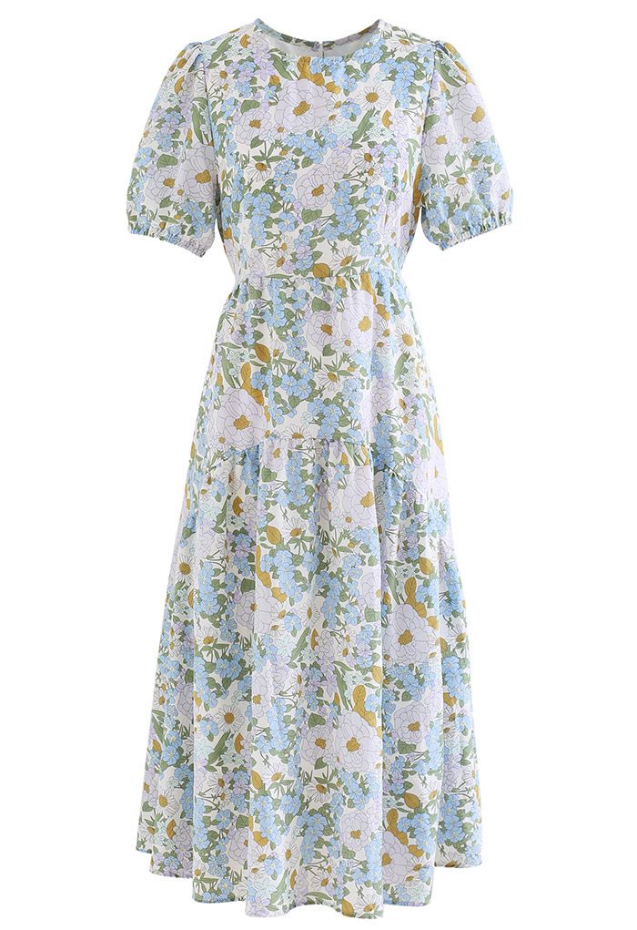 Embrace Sunshine Floral Midi Dolly Dress in Blue