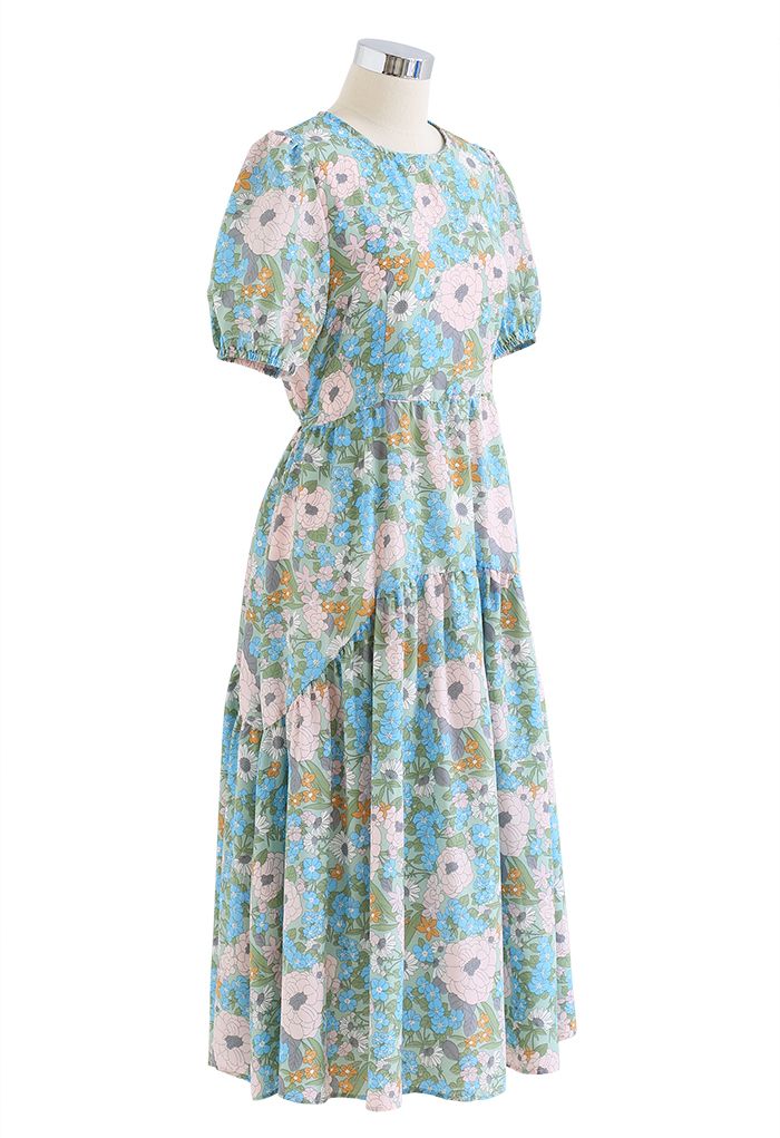 Embrace Sunshine Floral Midi Dolly Dress in Teal