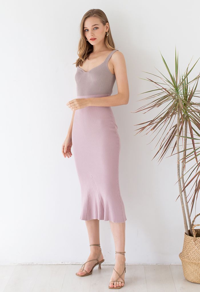 Two-Tone Knit Bodycon Frill Dress in Lilac