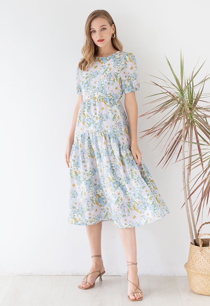 Embrace Sunshine Floral Midi Dolly Dress in Blue