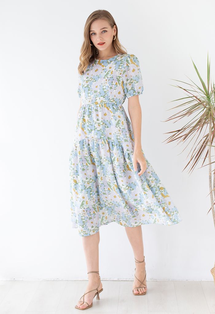 Embrace Sunshine Floral Midi Dolly Dress in Blue