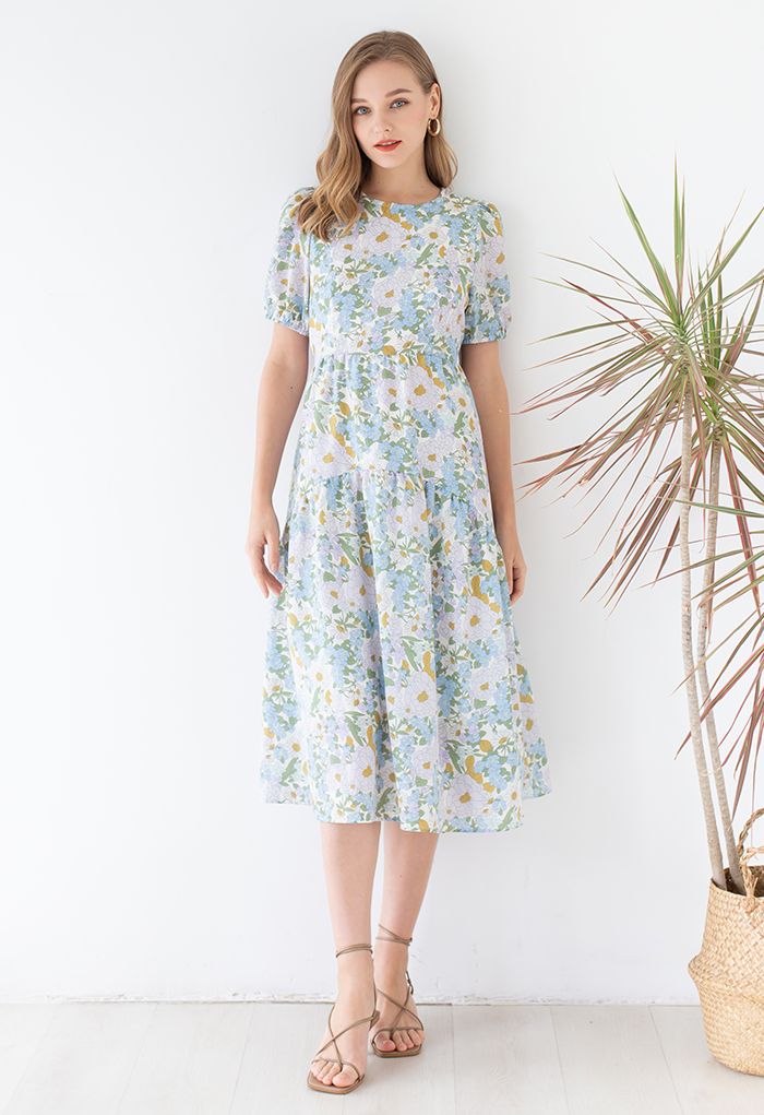 Embrace Sunshine Floral Midi Dolly Dress in Blue