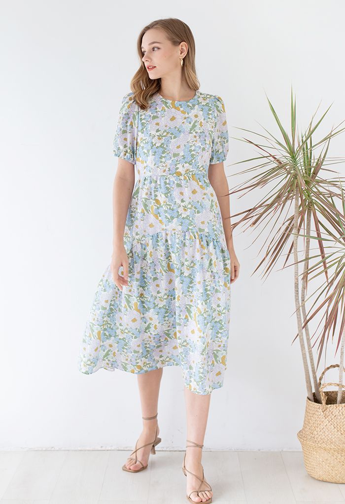 Embrace Sunshine Floral Midi Dolly Dress in Blue