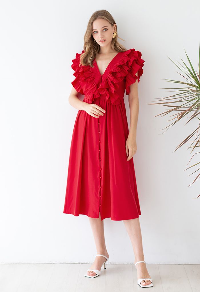 Pleated Ruffle Buttoned Deep V-Neck Dress in Red - Retro, Indie and ...