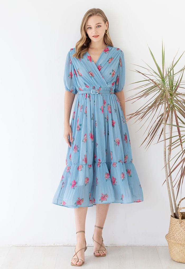 Floral Printed Airy Pleated Faux-Wrap Dress in Blue