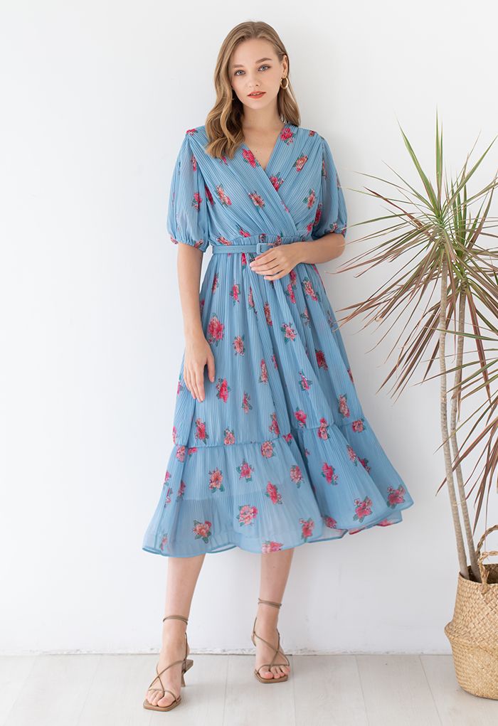 Floral Printed Airy Pleated Faux-Wrap Dress in Blue