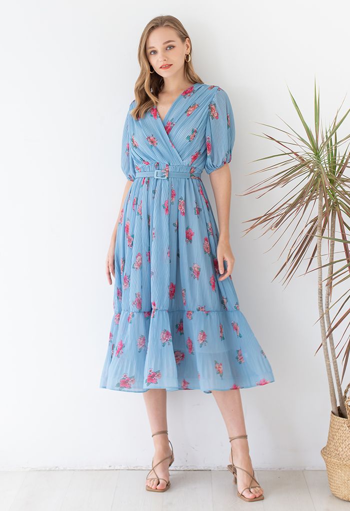 Floral Printed Airy Pleated Faux-Wrap Dress in Blue