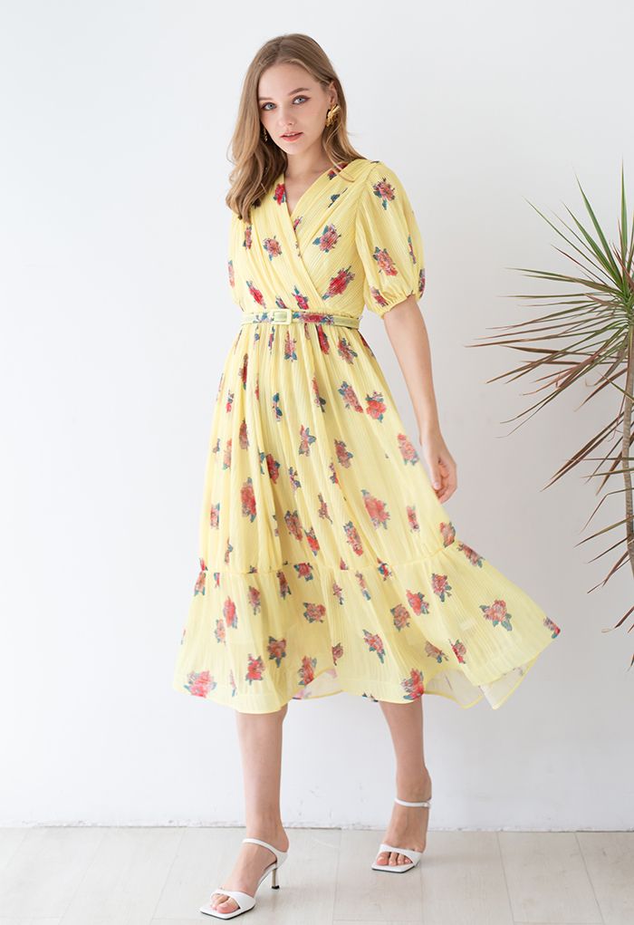 Floral Printed Airy Pleated Faux-Wrap Dress in Yellow