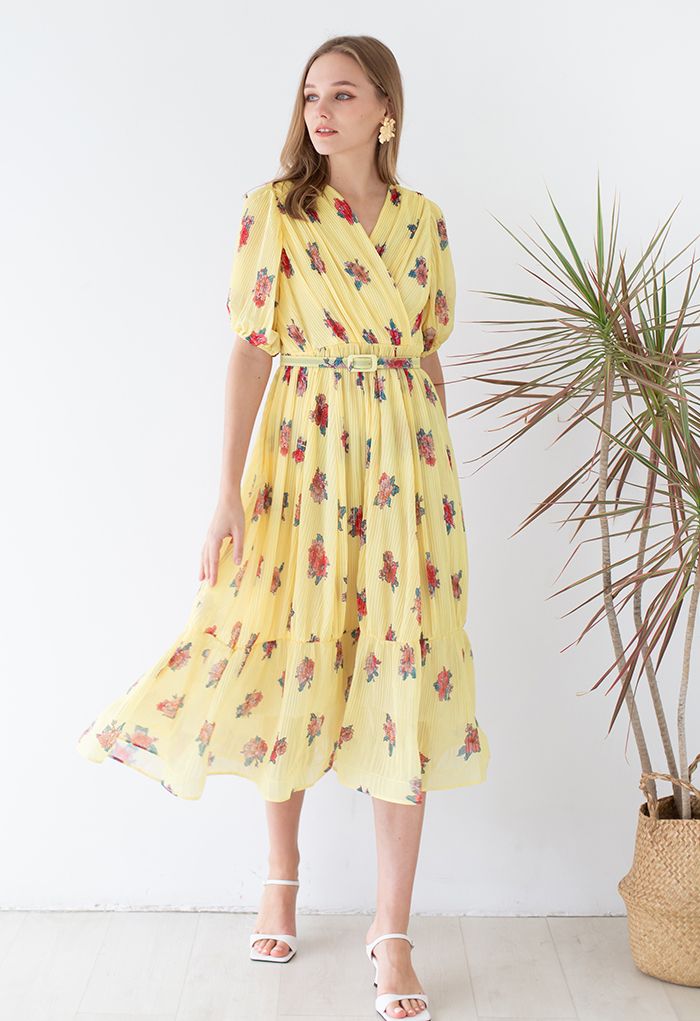 Floral Printed Airy Pleated Faux-Wrap Dress in Yellow