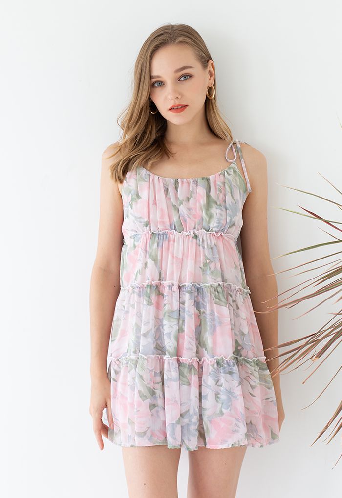 Pastel Flower Ruffle Trim Chiffon Cami Dress - Retro, Indie and