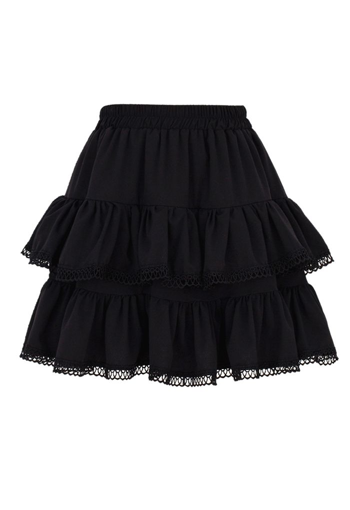 Crochet Edge Texture Tiered Mini Skirt in Black - Retro, Indie and ...