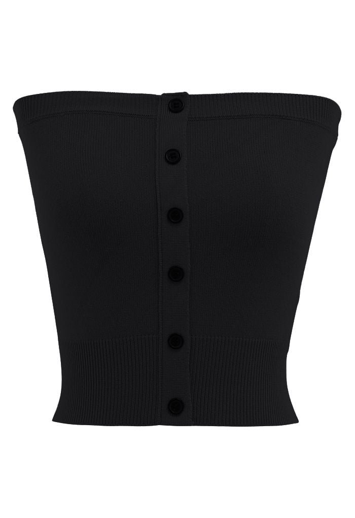 Buttoned Front Strapless Crop Knit Top in Black