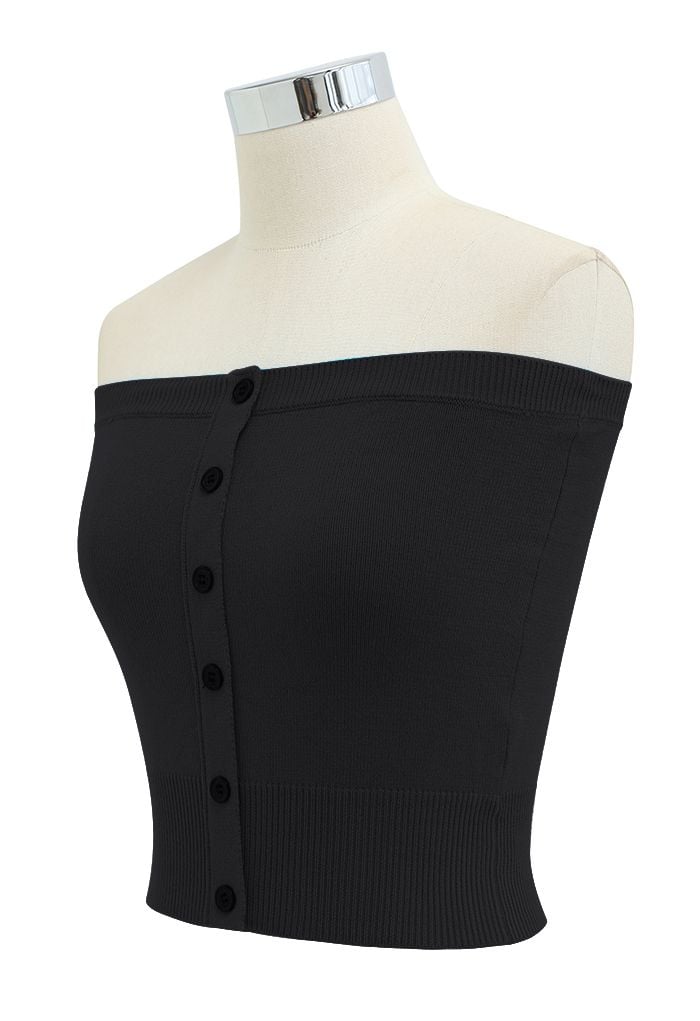 Buttoned Front Strapless Crop Knit Top in Black