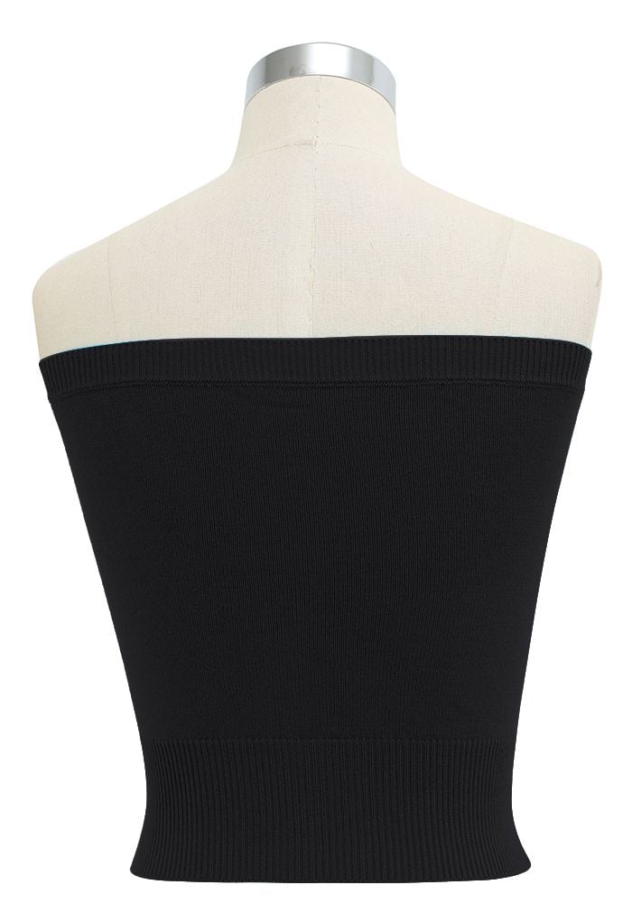 Buttoned Front Strapless Crop Knit Top in Black