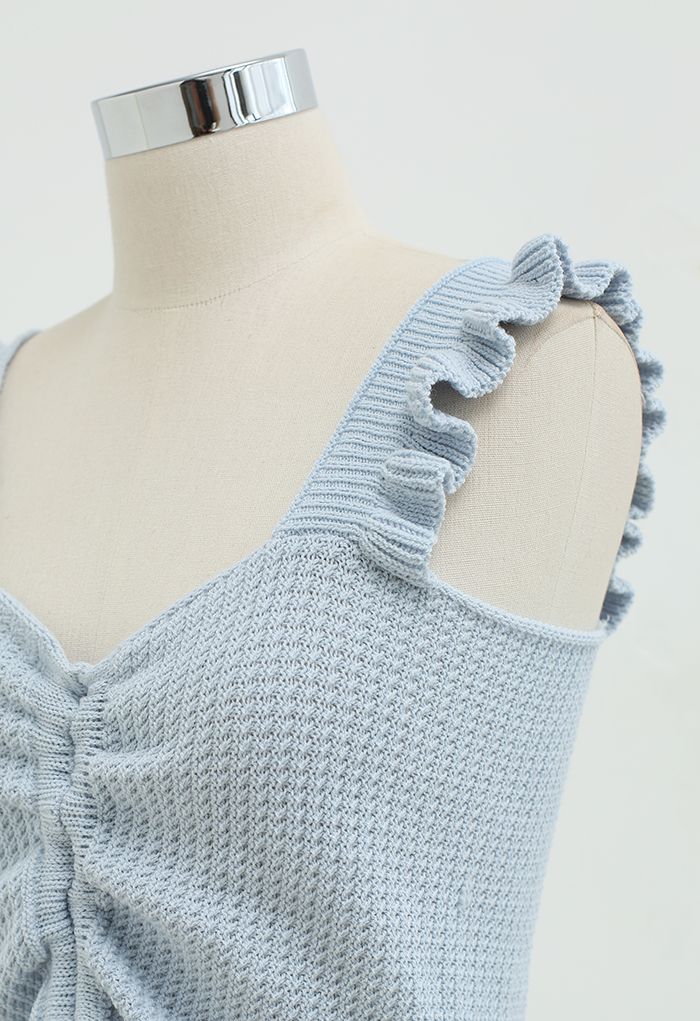 Ruffle Sleeves Full Crochet Crop Top in Dusty Blue - Retro, Indie