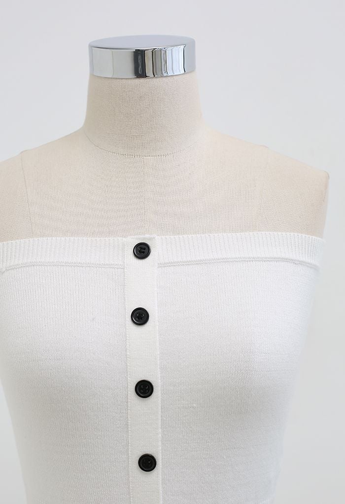 Buttoned Front Strapless Crop Knit Top in White