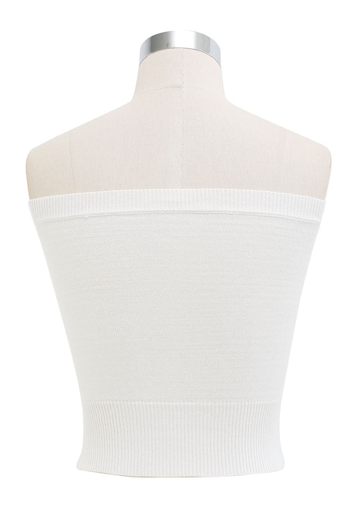 Buttoned Front Strapless Crop Knit Top in White