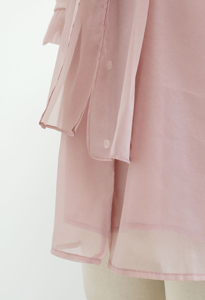 Button Down Bowknot Organza Top in Dusty Pink